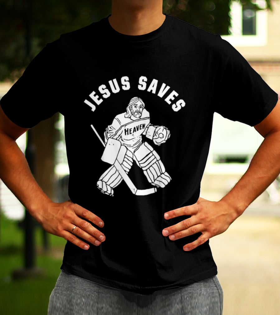 Jesus Saves Hockey Goalie Blocking Puck T-Shirt