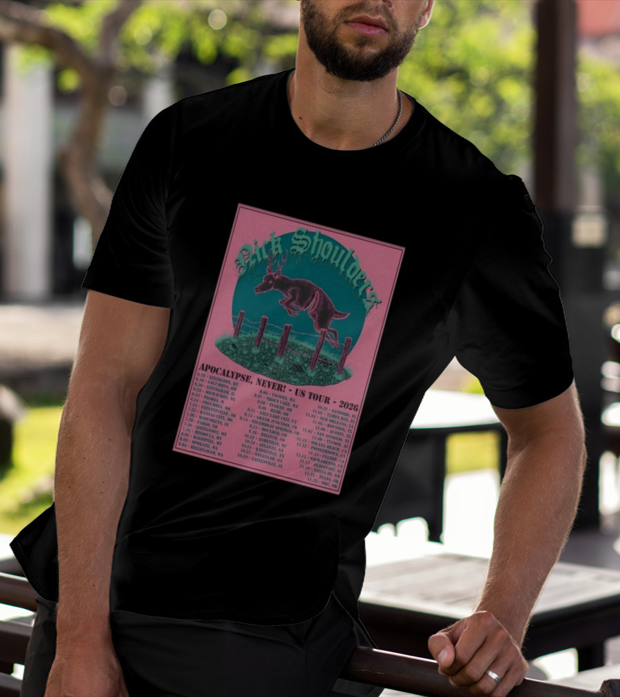 Nick Shoulders Apocalypse Never US Tour 2026 Retro Pink And Teal Leaping Deer Design With Tour Dates T-Shirt