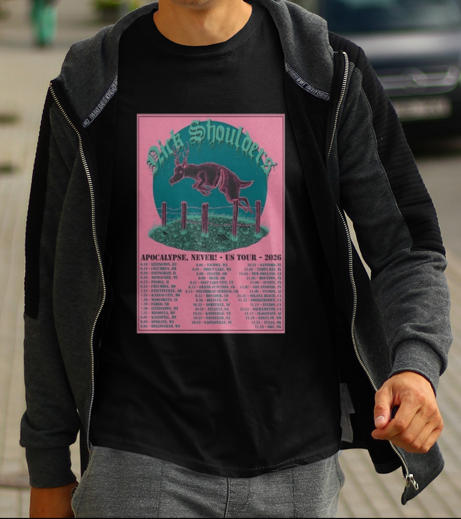 Nick Shoulders Apocalypse Never US Tour 2026 Retro Pink And Teal Leaping Deer Design With Tour Dates T-Shirt