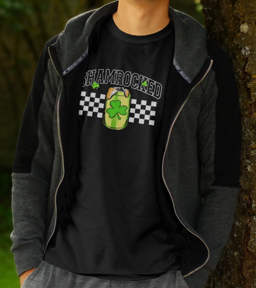 Shamrocked St. Patrick's Day Beer Can Checkerboard Clover USA T-Shirt