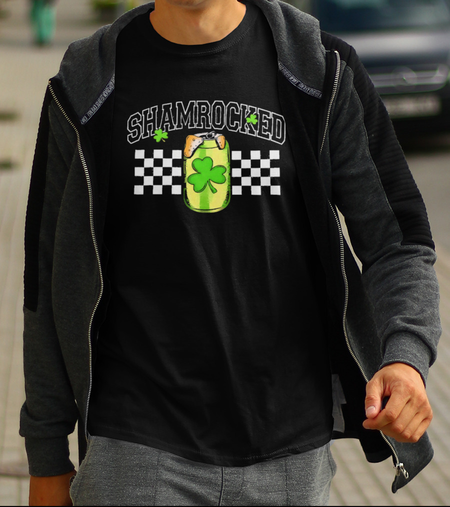 Shamrocked St. Patrick's Day Beer Can Checkerboard Clover USA T-Shirt