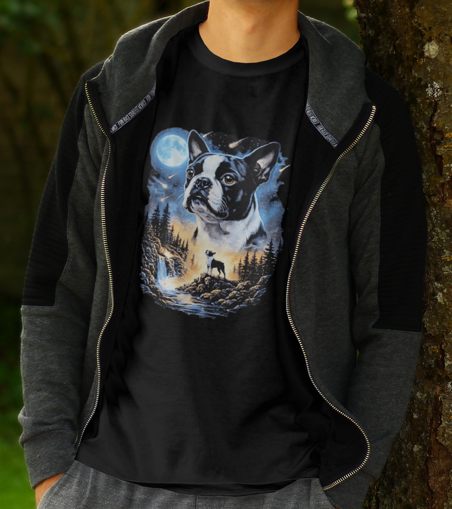Boston Terrier Howling Moon Night Wilderness Scene T-Shirt