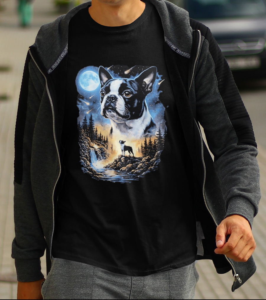 Boston Terrier Howling Moon Night Wilderness Scene T-Shirt
