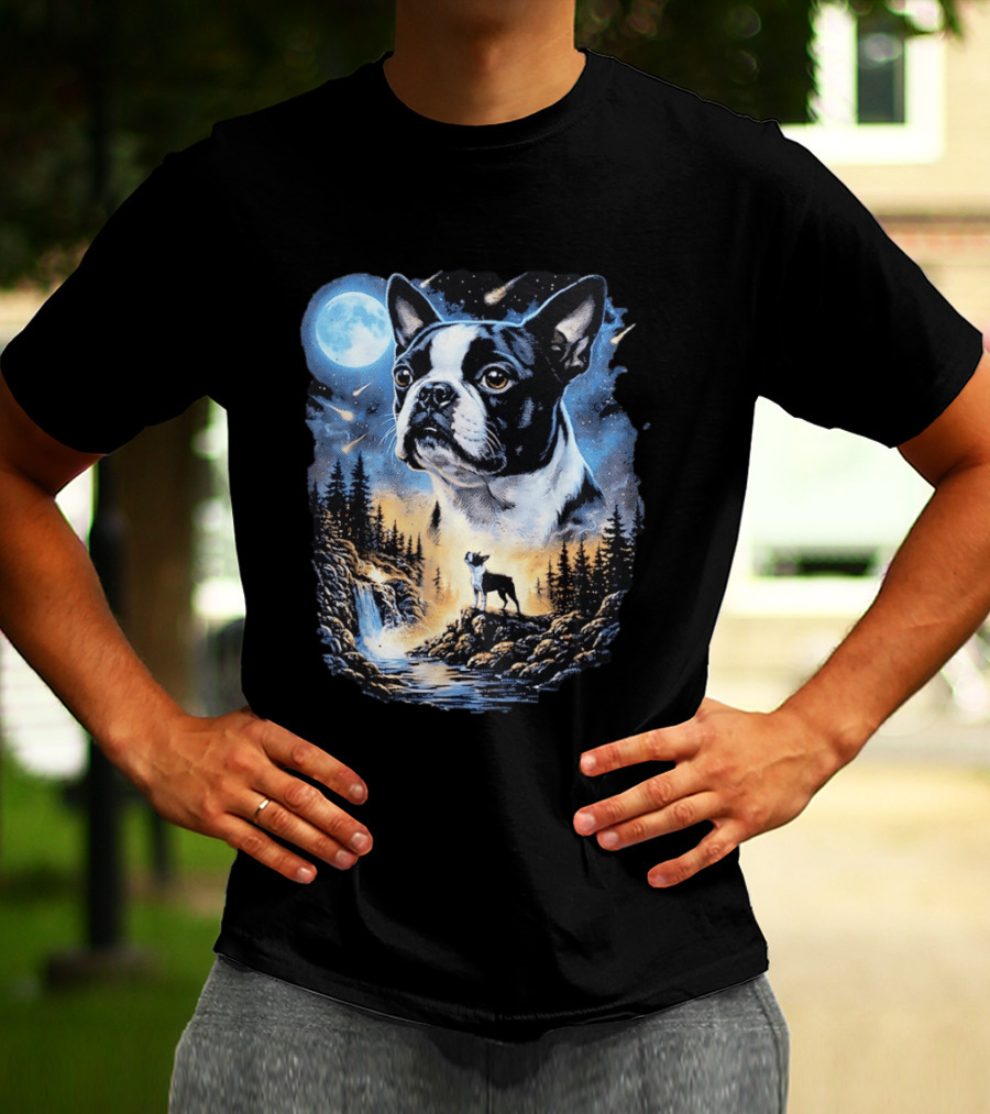 Boston Terrier Howling Moon Night Wilderness Scene T-Shirt