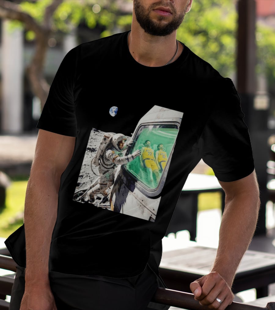 LeBron James Lakers Alone In Space Astronaut Scene With Number 77 And 15 In Spaceship T-Shirt