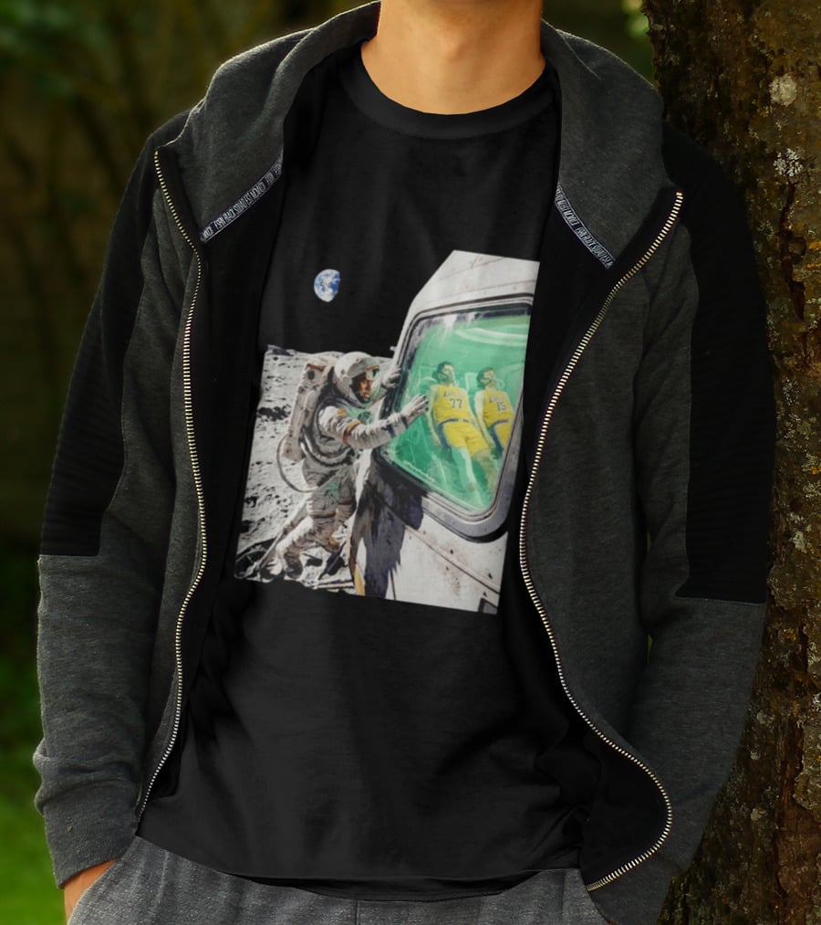 LeBron James Lakers Alone In Space Astronaut Scene With Number 77 And 15 In Spaceship T-Shirt