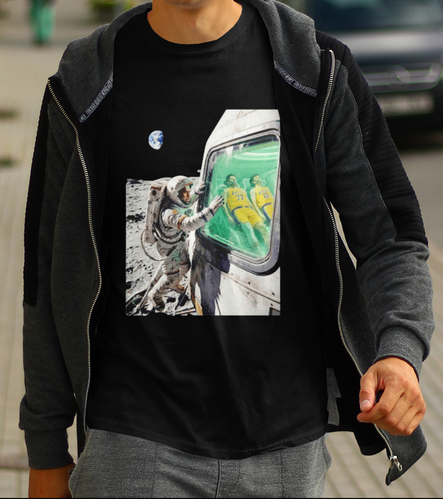 LeBron James Lakers Alone In Space Astronaut Scene With Number 77 And 15 In Spaceship T-Shirt