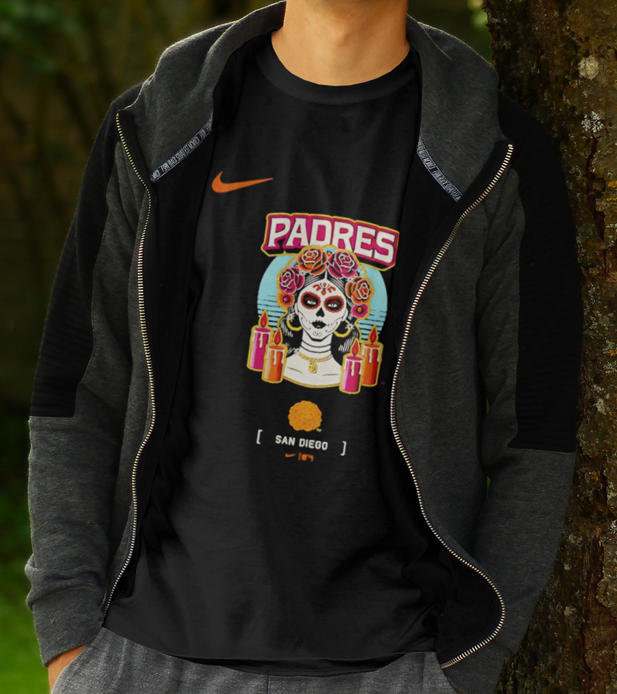 Nike San Diego Padres 2026 City Connect Dia De Los Muertos Candles Roses Large T-Shirt