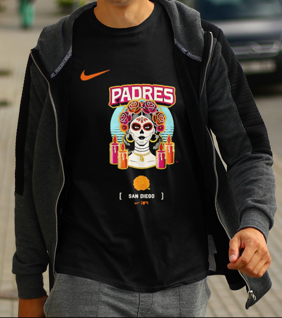 Nike San Diego Padres 2026 City Connect Dia De Los Muertos Candles Roses Large T-Shirt