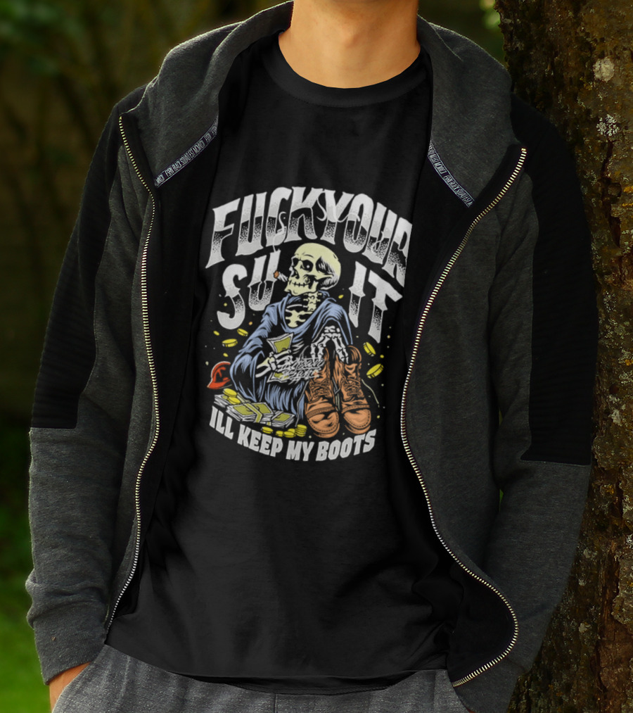 F*** Your Suit I'll Keep My Boots Pizza Monster Streetstyle Skeleton Smoking Playing Cards T-Shirt