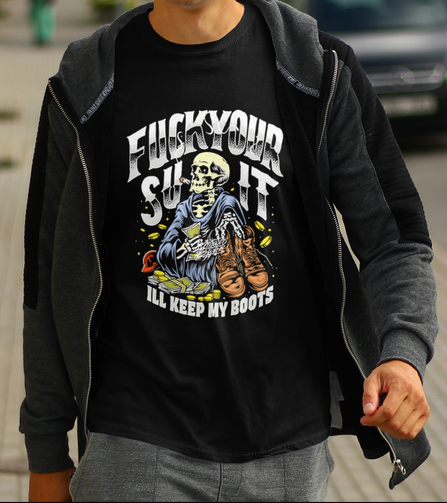 F*** Your Suit I'll Keep My Boots Pizza Monster Streetstyle Skeleton Smoking Playing Cards T-Shirt