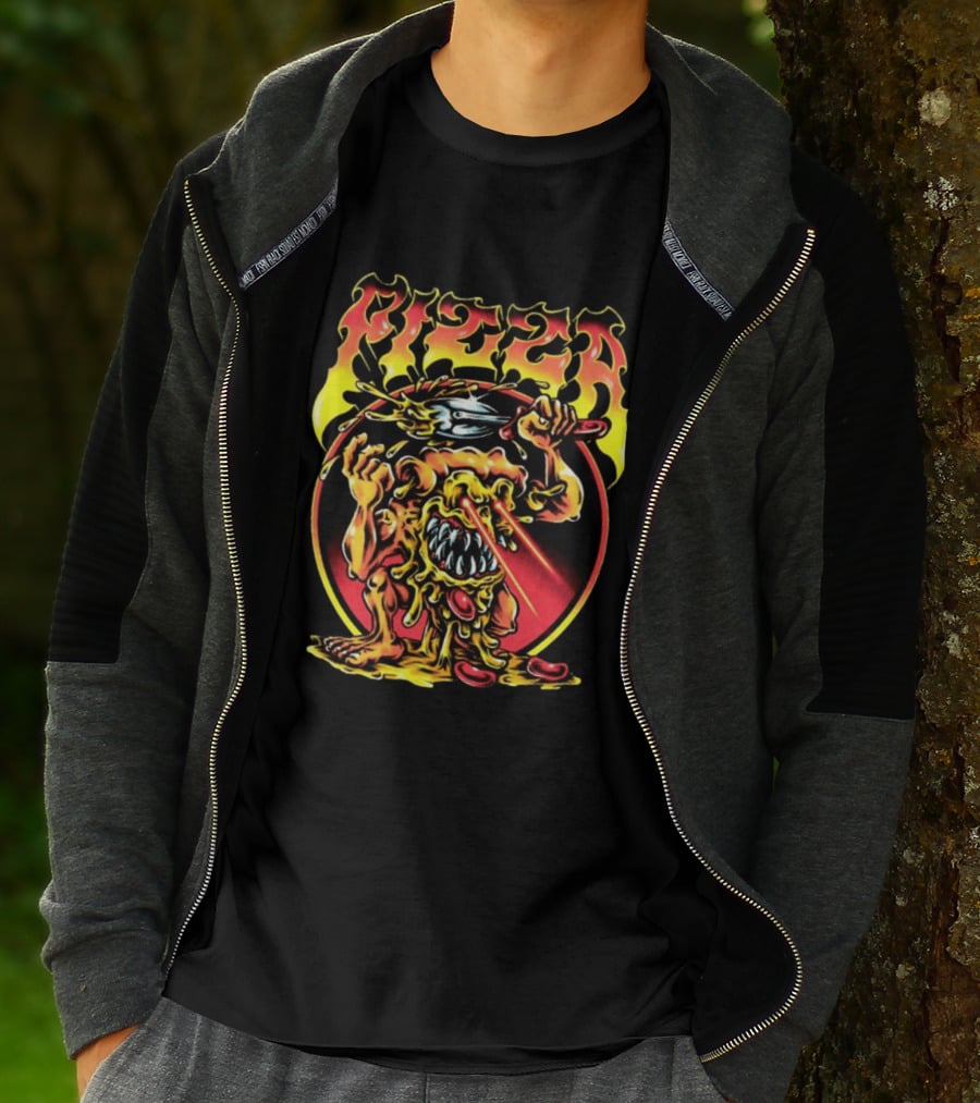 Pizza Monster Melting Laser Eyes Fiery Cheesy Creature T-Shirt
