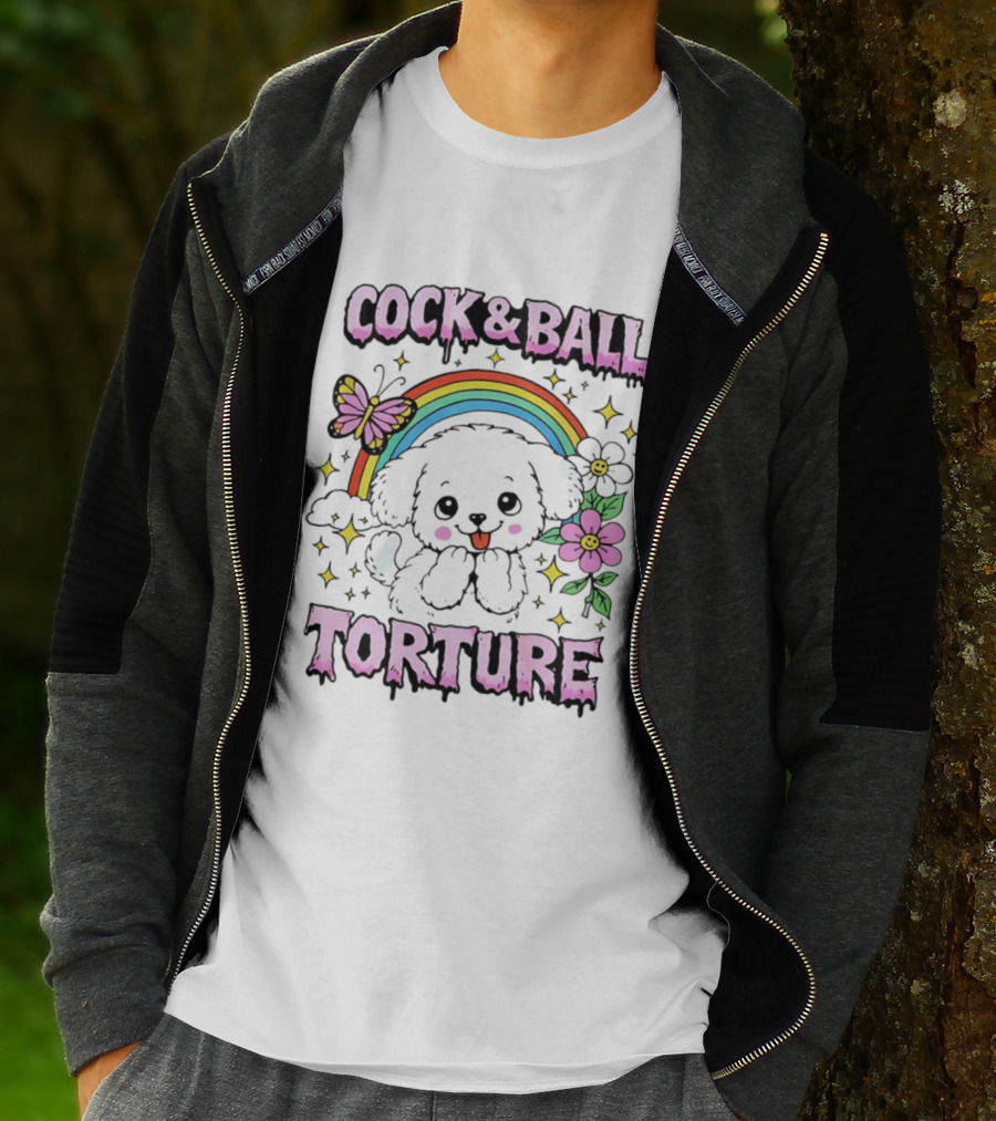 Cock And Ball Torture Dog Rainbow Butterfly Flowers T-Shirt