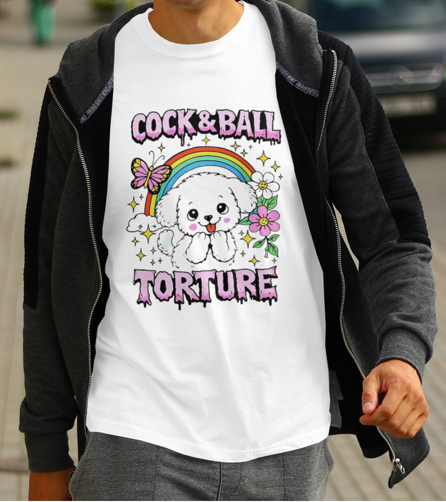 Cock And Ball Torture Dog Rainbow Butterfly Flowers T-Shirt