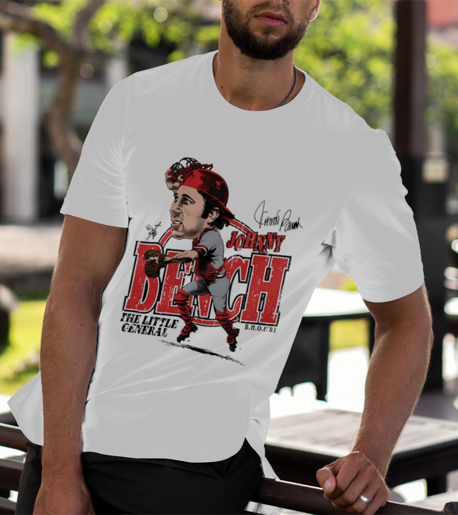 Johnny Bench Cincinnati The Little General Bruce Stark Collection HOF Caricature T-Shirt