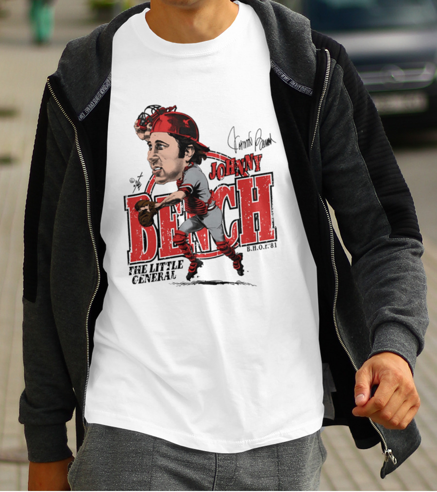 Johnny Bench Cincinnati The Little General Bruce Stark Collection HOF Caricature T-Shirt