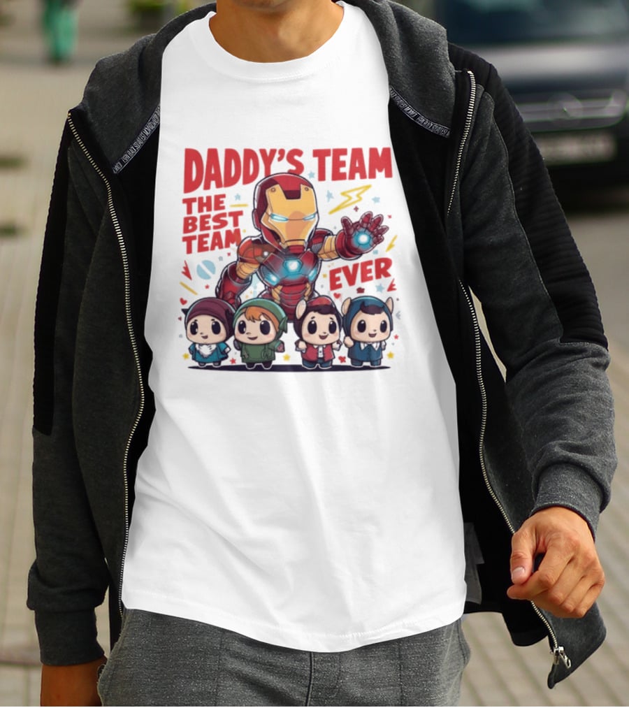 Daddys Team The Best Team Ever Superhero Dad Iron Man And Kids T-Shirt