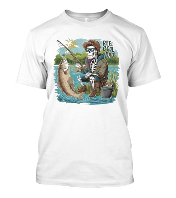 Reel Cool Dad Fishing Skeleton Catching Fish Cartoon T-Shirt