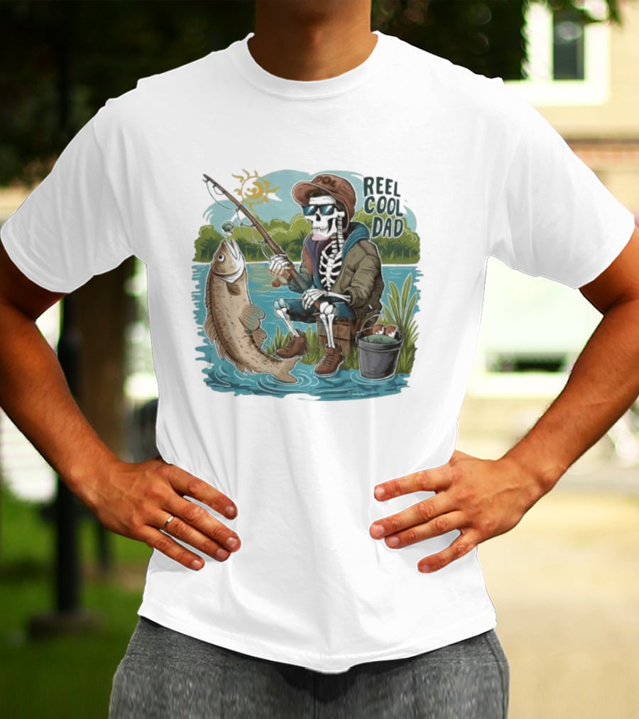 Reel Cool Dad Fishing Skeleton Catching Fish Cartoon T-Shirt