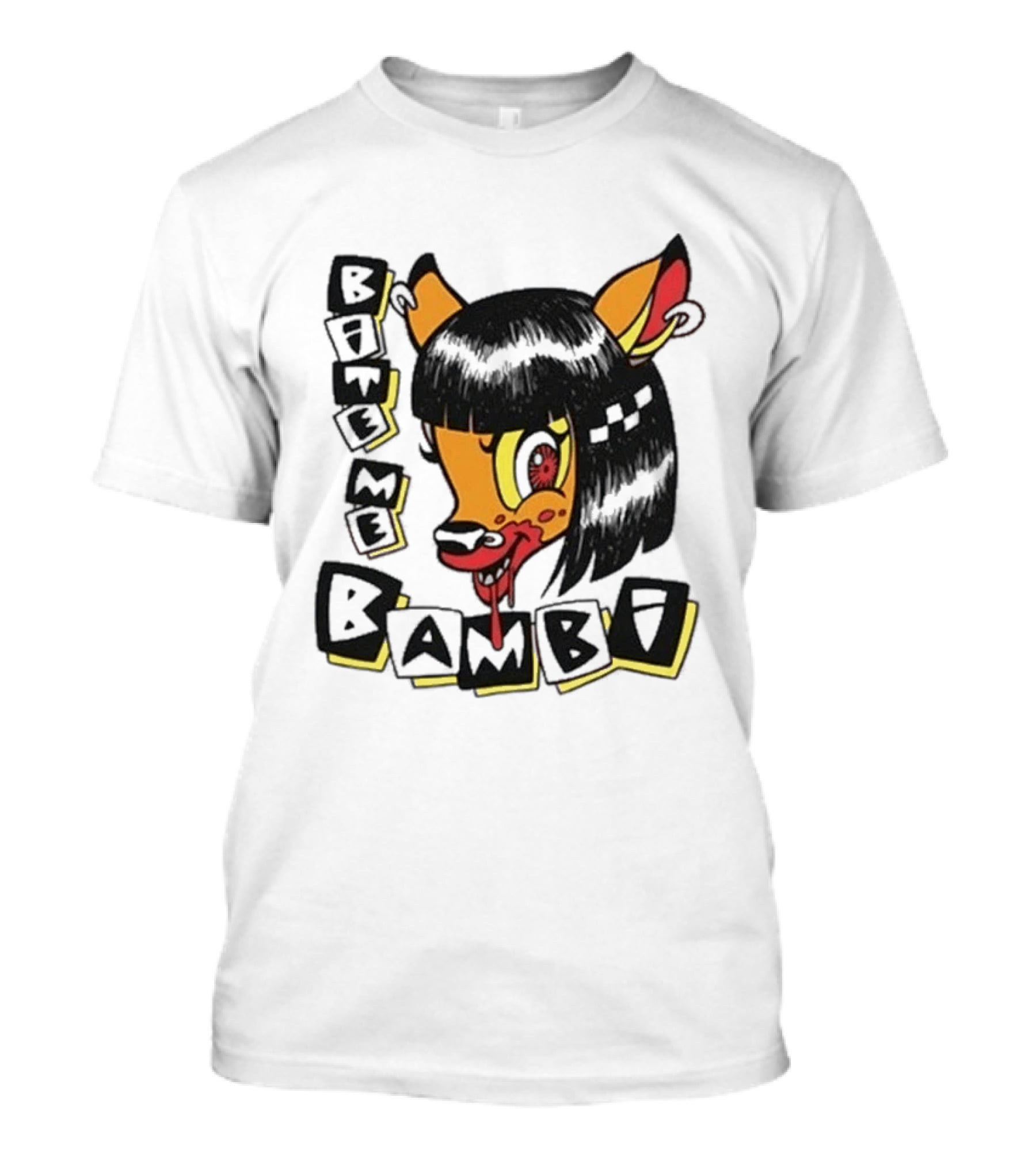 Bite Me Bambi Cartoon Character With Black Hair And Blood Dripping Mouth T-Shirt