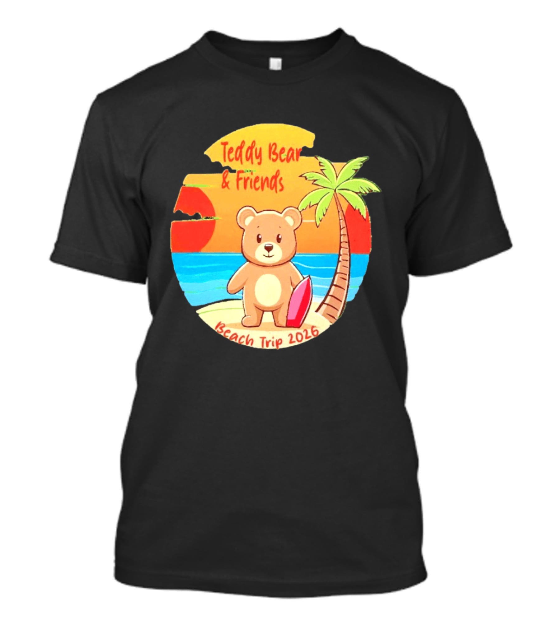 Teddy Bear And Friends Beach Trip 2026 Summer Adventure With Palm And Sunset T-Shirt