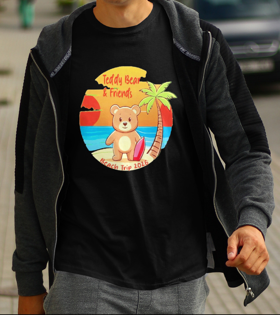 Teddy Bear And Friends Beach Trip 2026 Summer Adventure With Palm And Sunset T-Shirt