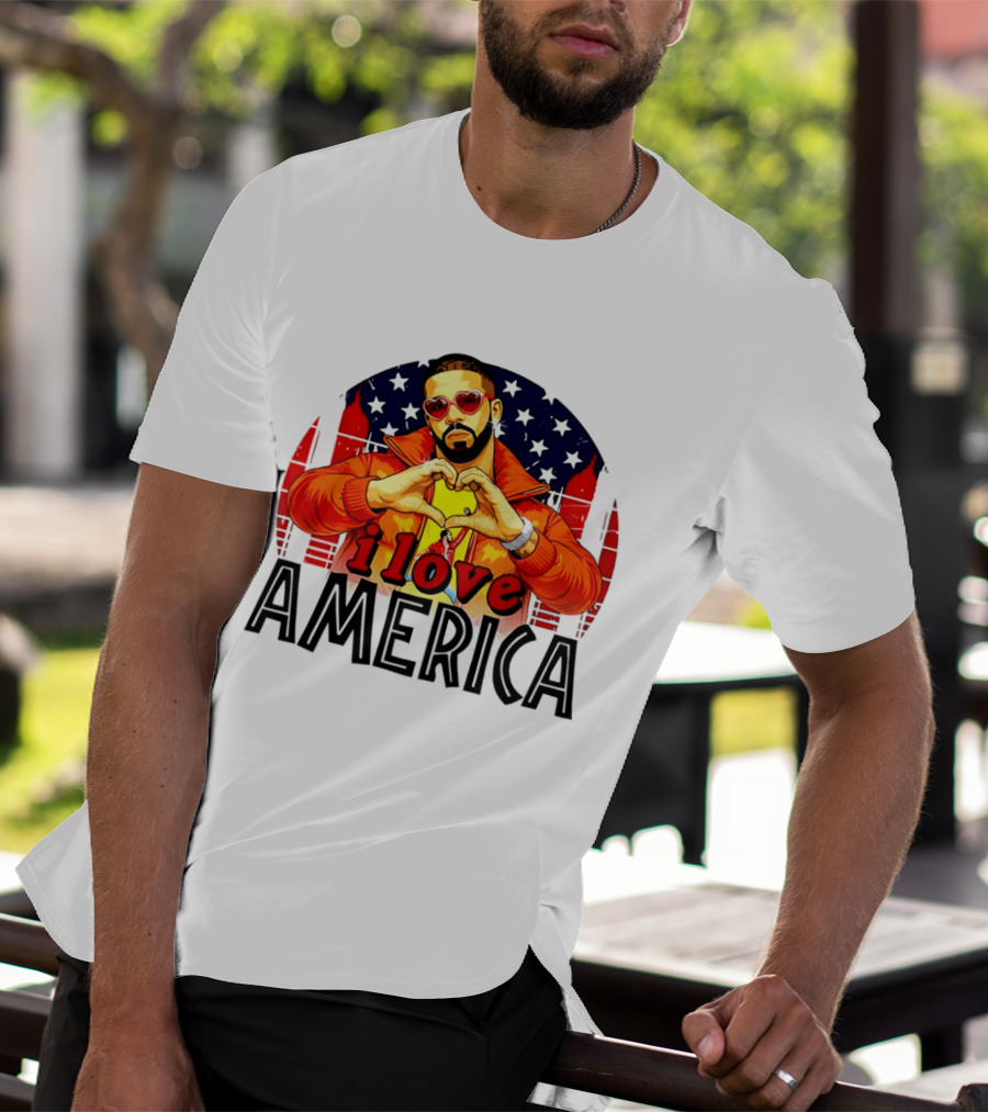 Drake I Love America Flag Heart Gesture Red Jacket Sunglasses T-Shirt