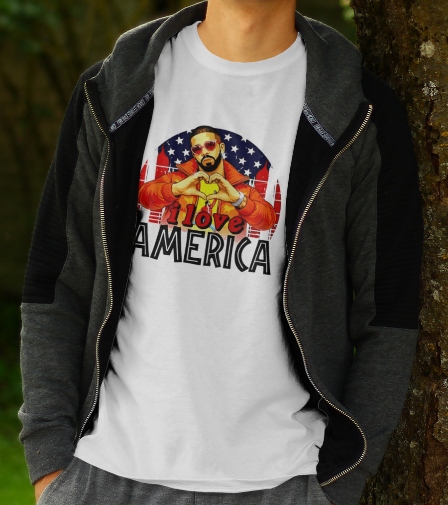Drake I Love America Flag Heart Gesture Red Jacket Sunglasses T-Shirt