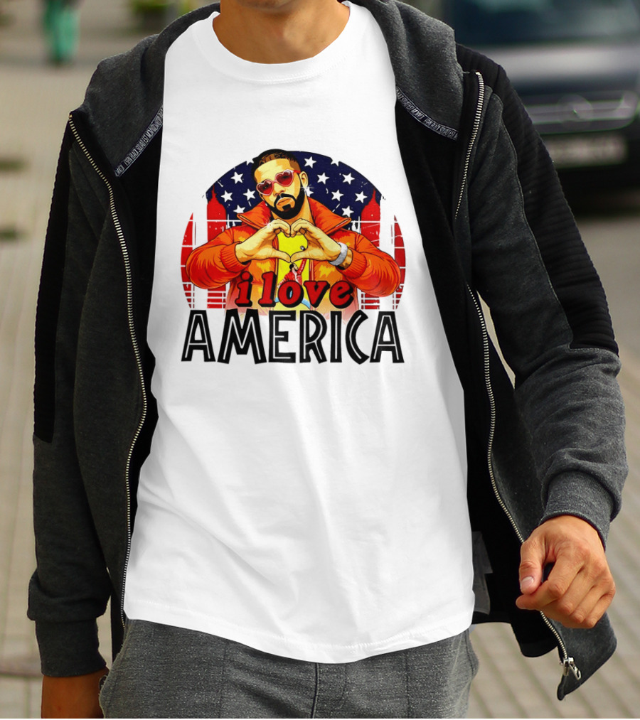Drake I Love America Flag Heart Gesture Red Jacket Sunglasses T-Shirt