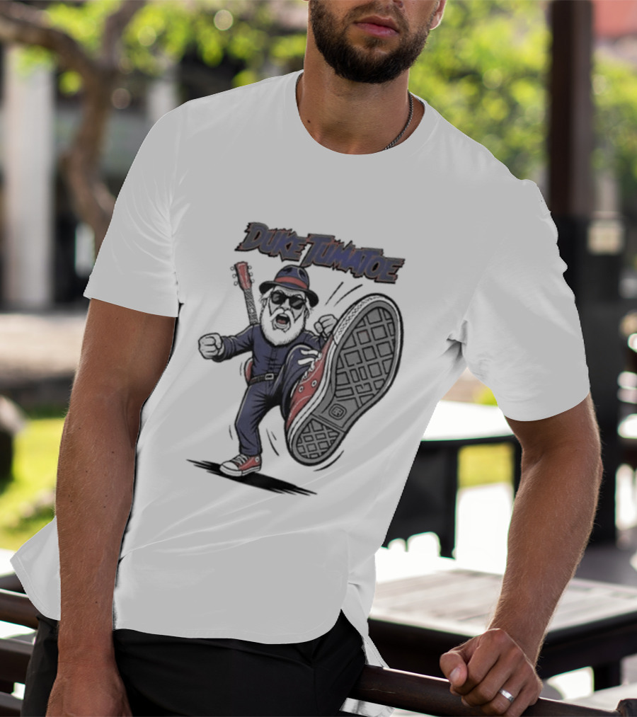 Duke Tumatoe Character Kicking Action In Blue Outfit And Red Shoes T-Shirt