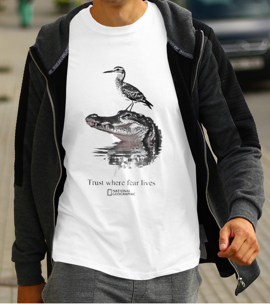 National Geographic Trust Where Fear Lives Alligator And Bird T-Shirt