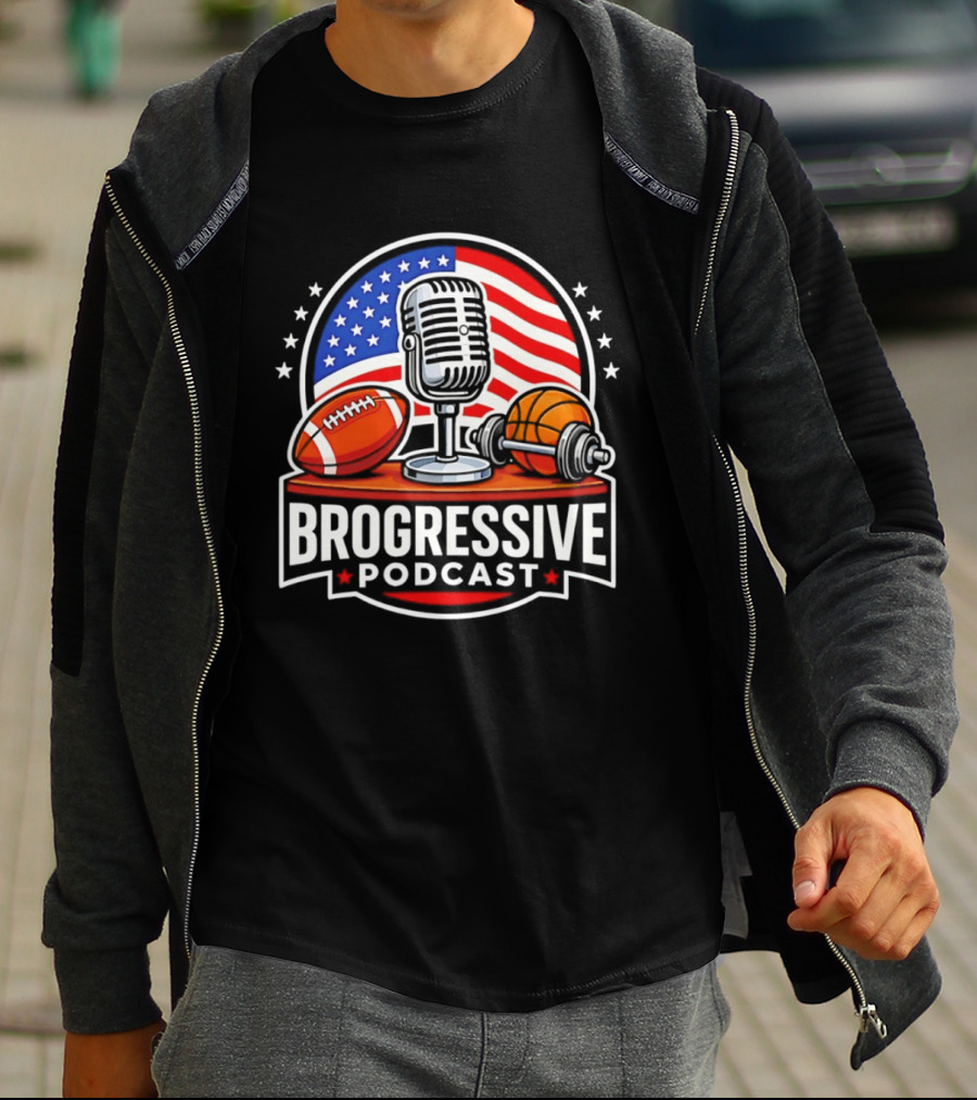 Brogressive Podcast American Flag Microphone Football Dumbbell Stars T-Shirt