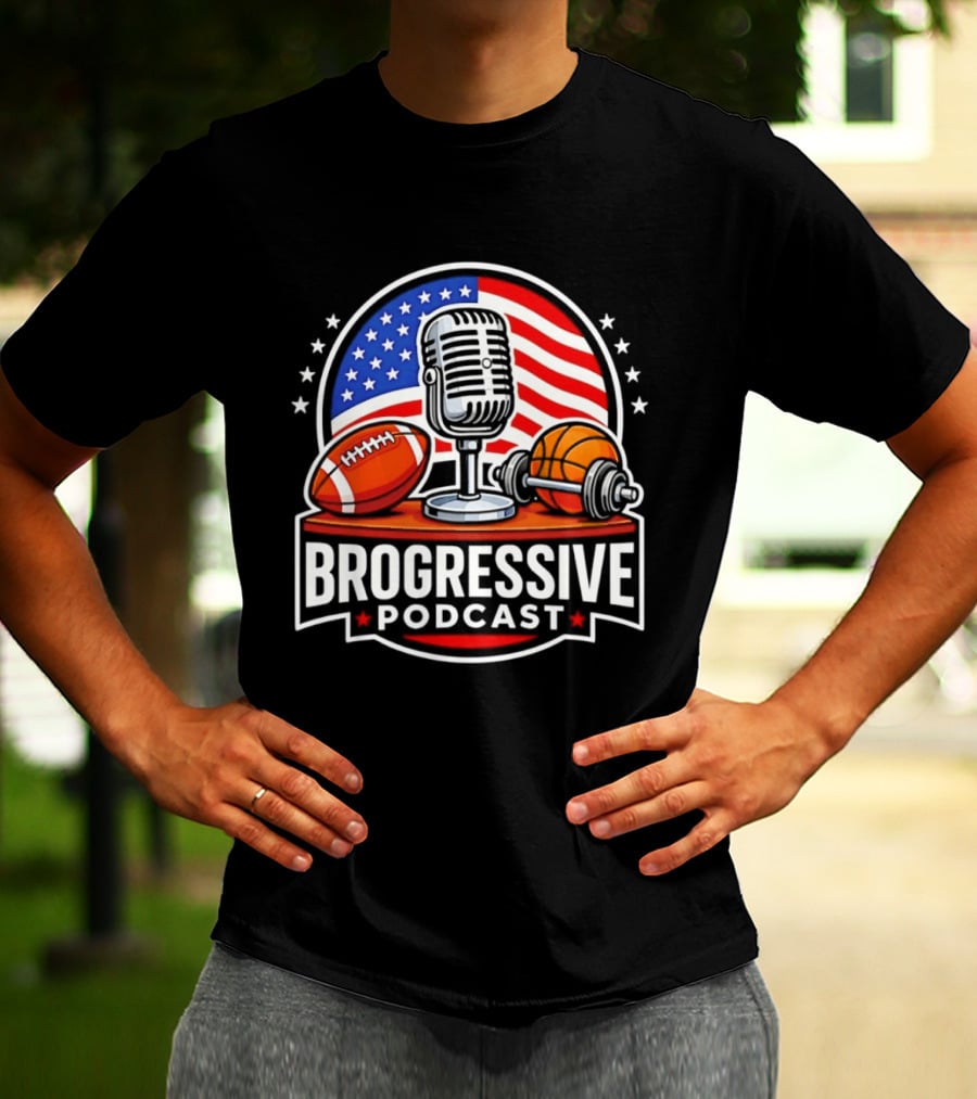 Brogressive Podcast American Flag Microphone Football Dumbbell Stars T-Shirt