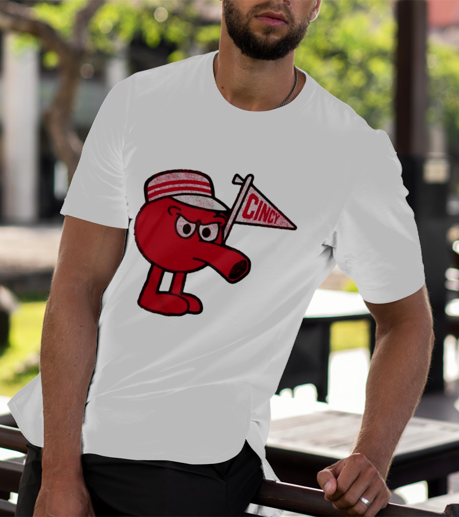 Cincy Redbert Cartoon Character With Striped Hat And Flag T-Shirt