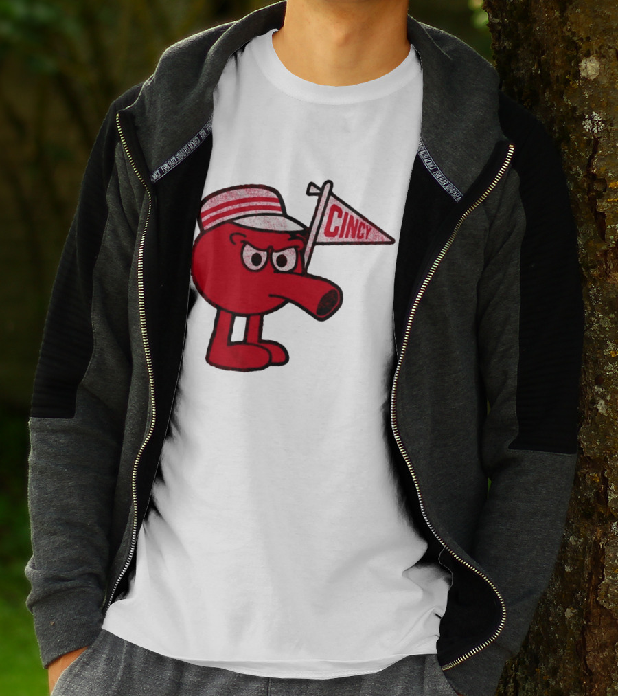 Cincy Redbert Cartoon Character With Striped Hat And Flag T-Shirt