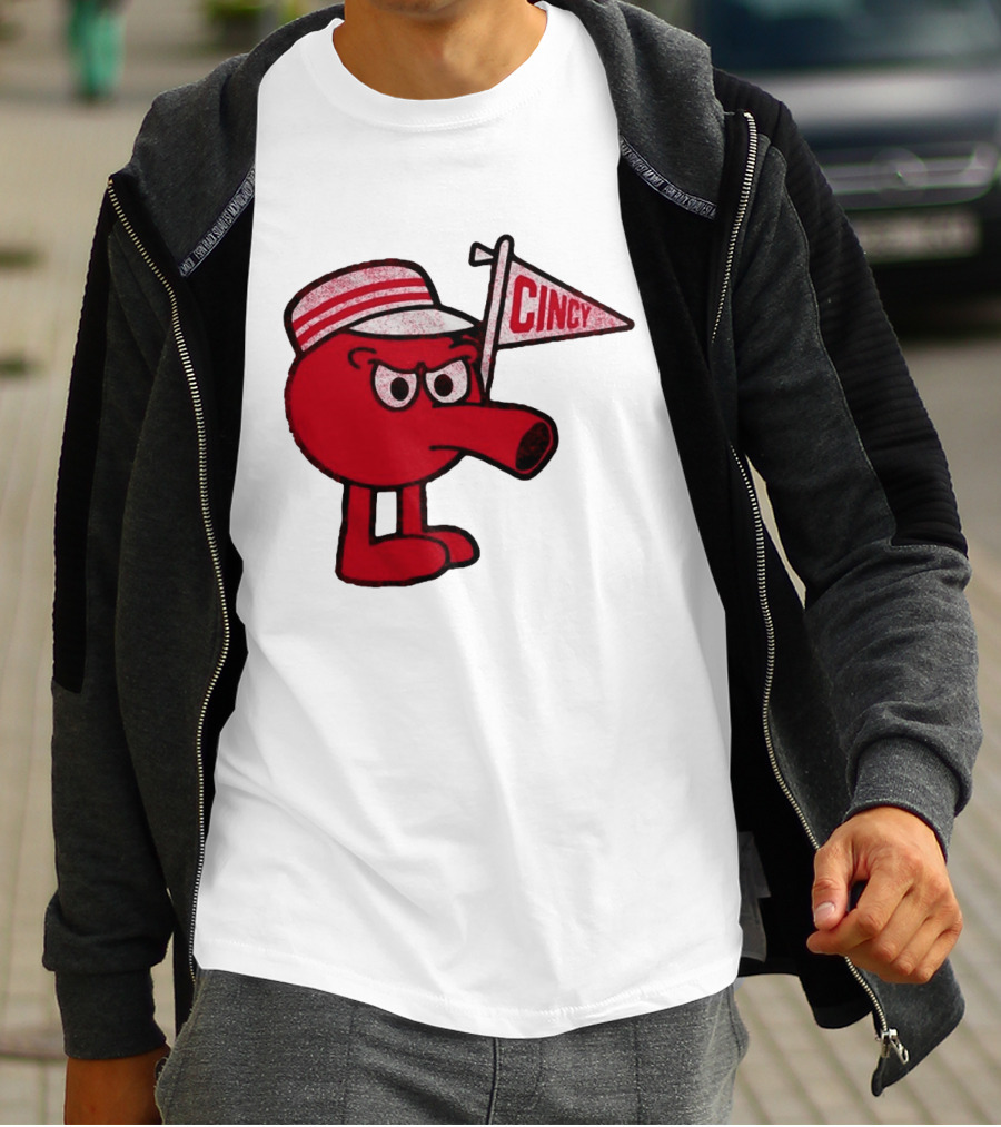 Cincy Redbert Cartoon Character With Striped Hat And Flag T-Shirt