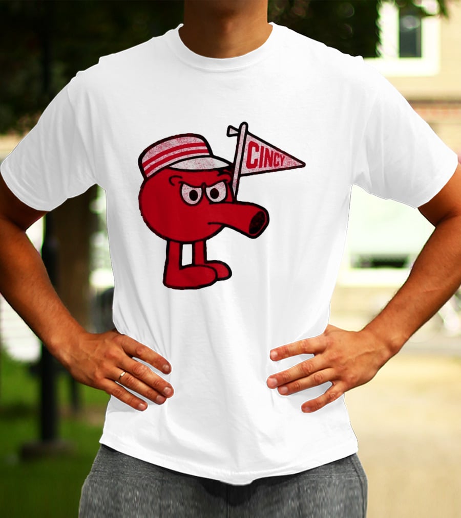 Cincy Redbert Cartoon Character With Striped Hat And Flag T-Shirt