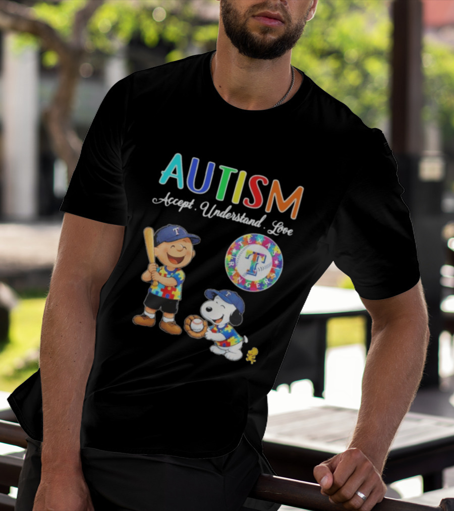 Peanuts Texas Rangers Autism Accept Understand Love Charlie Brown Snoopy T-Shirt
