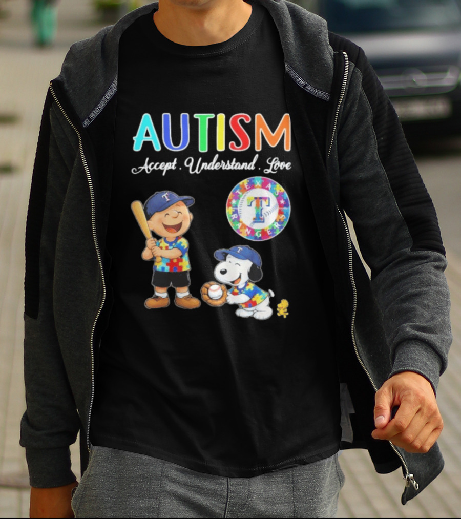 Peanuts Texas Rangers Autism Accept Understand Love Charlie Brown Snoopy T-Shirt