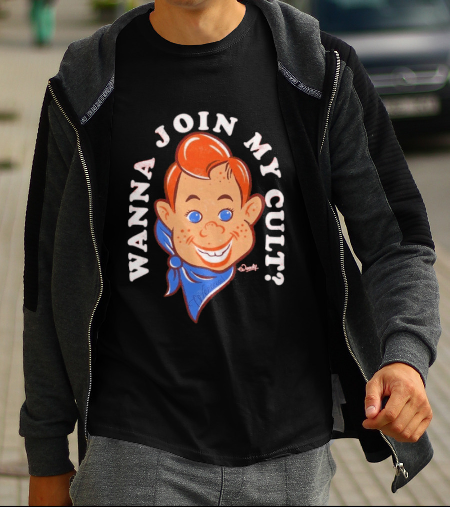 Woody Wanna Join My Cult Retro Style Cartoon Face And Blue Bandana T-Shirt