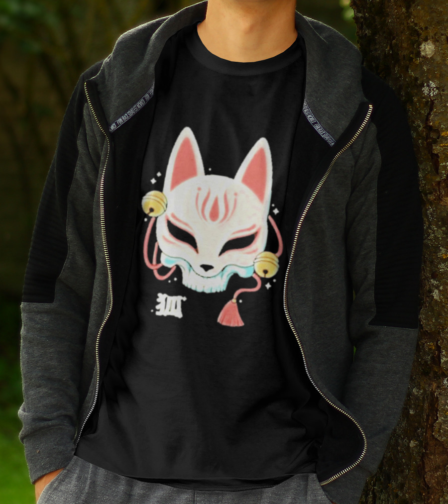 Lonely Club Kitsune Skull Mask With Bells And Kanji T-Shirt