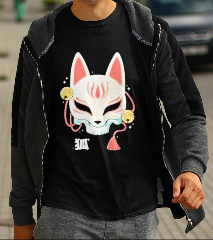 Lonely Club Kitsune Skull Mask With Bells And Kanji T-Shirt