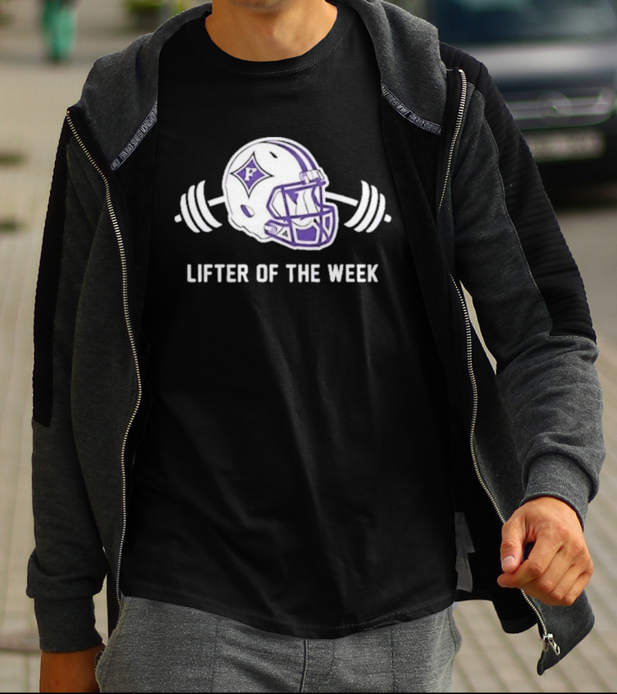 Furman Paladins Lifter Of The Week Helmet Logo With Weights T-Shirt