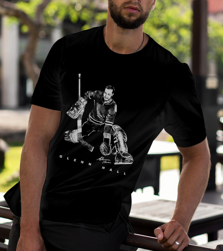 Glenn Hall Chicago Blackhawks Hockey Bitmap Vintage Style Goalie Iconic Pose T-Shirt
