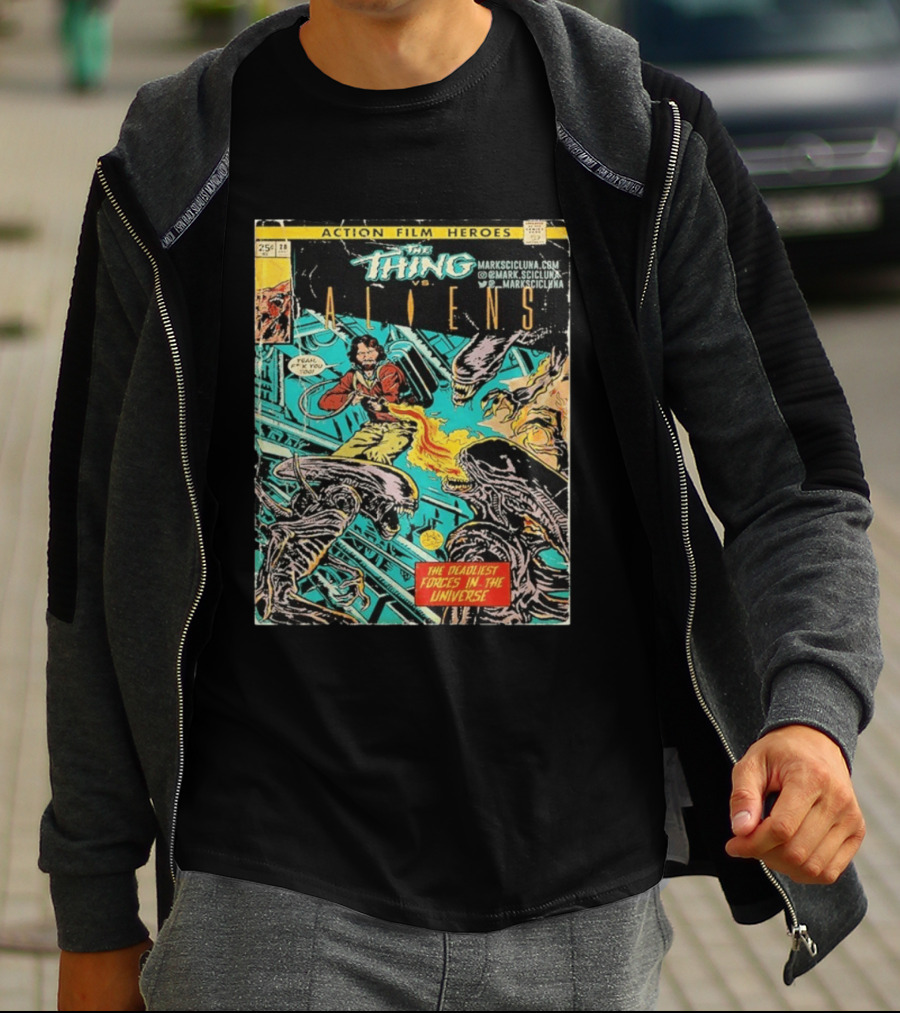 The Thing Vs Aliens MacReady Action Film Heroes Comic The Deadliest Forces In The Universe T-Shirt