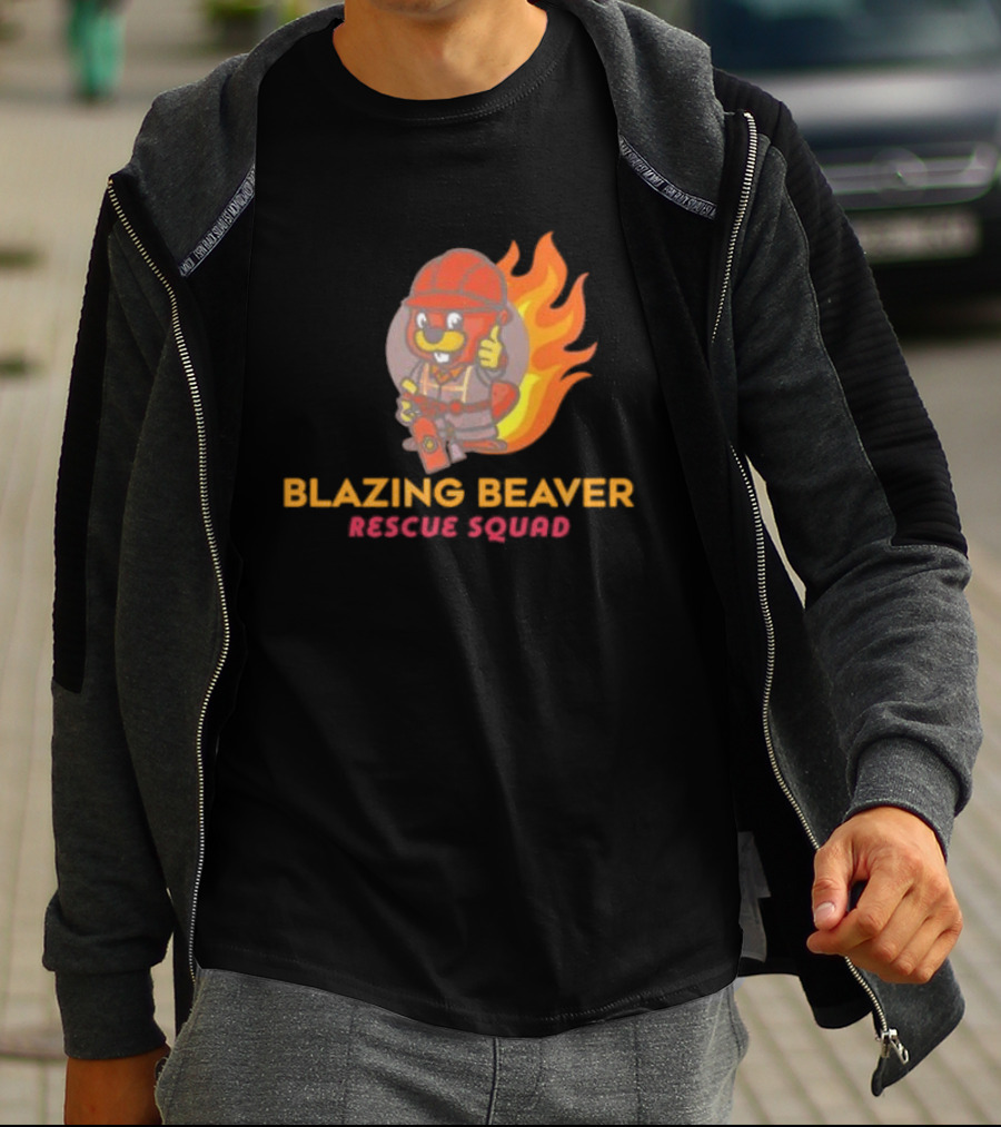 Blazing Beaver Rescue Squad Firefighter Cartoon With Flames T-Shirt