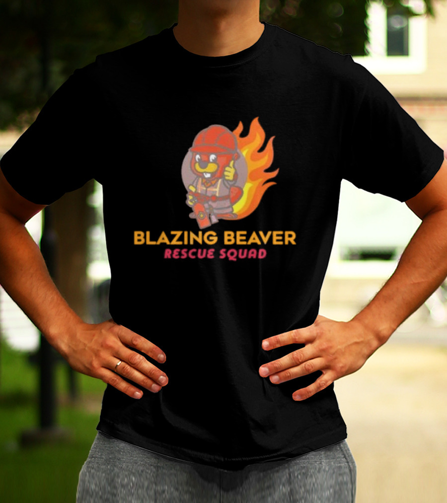 Blazing Beaver Rescue Squad Firefighter Cartoon With Flames T-Shirt
