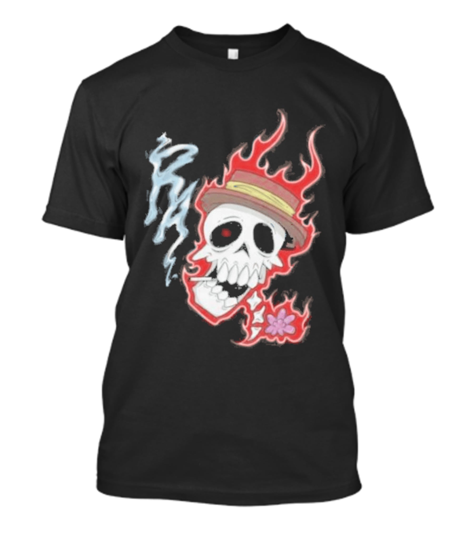 Rare Americans Skull With Flames And Hat Flower T-Shirt