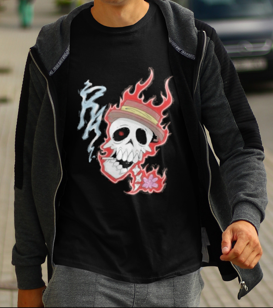 Rare Americans Skull With Flames And Hat Flower T-Shirt
