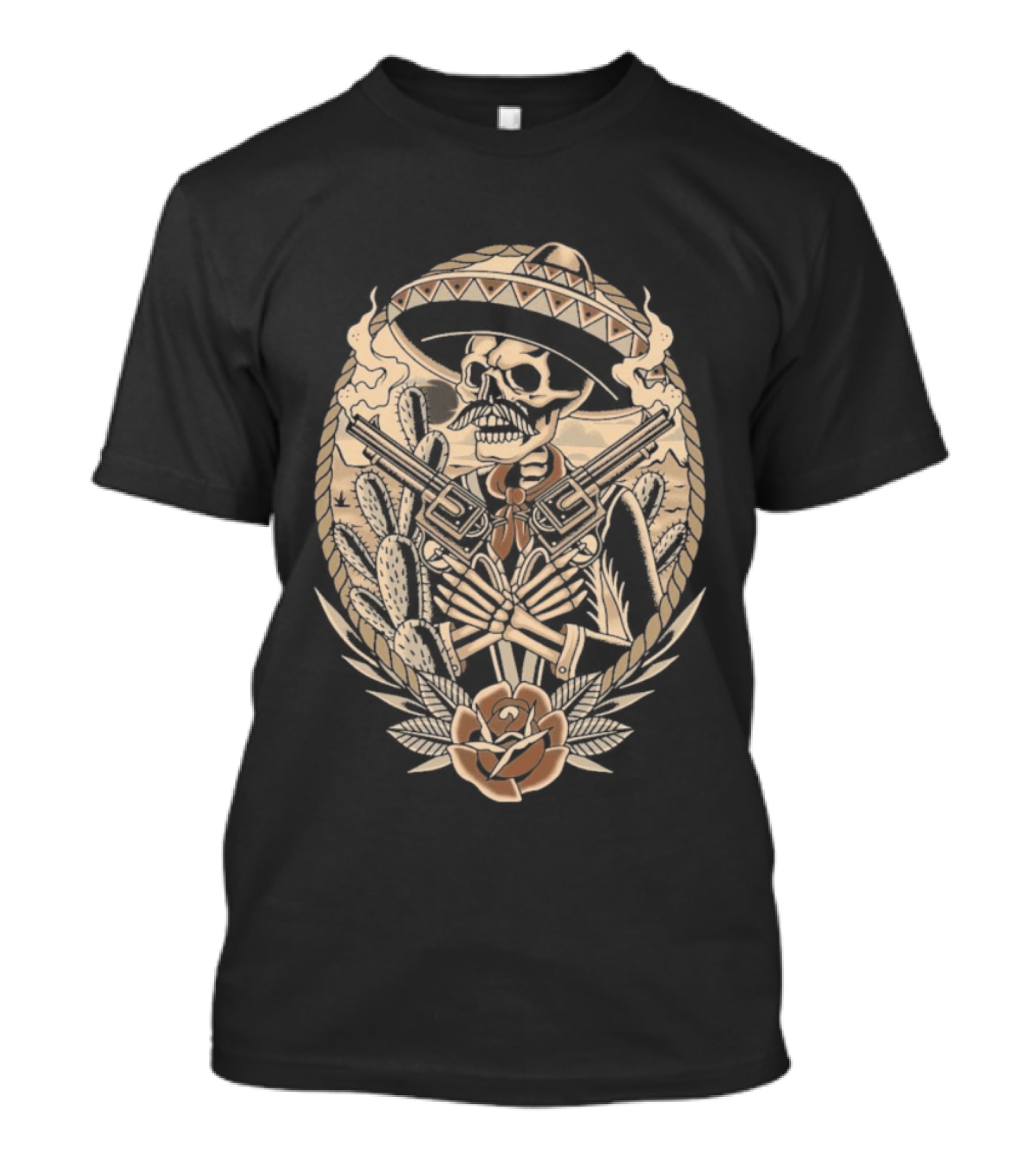 Deathsperado Skeleton Cowboy With Guns Roses And Dollar Signs Black T-Shirt